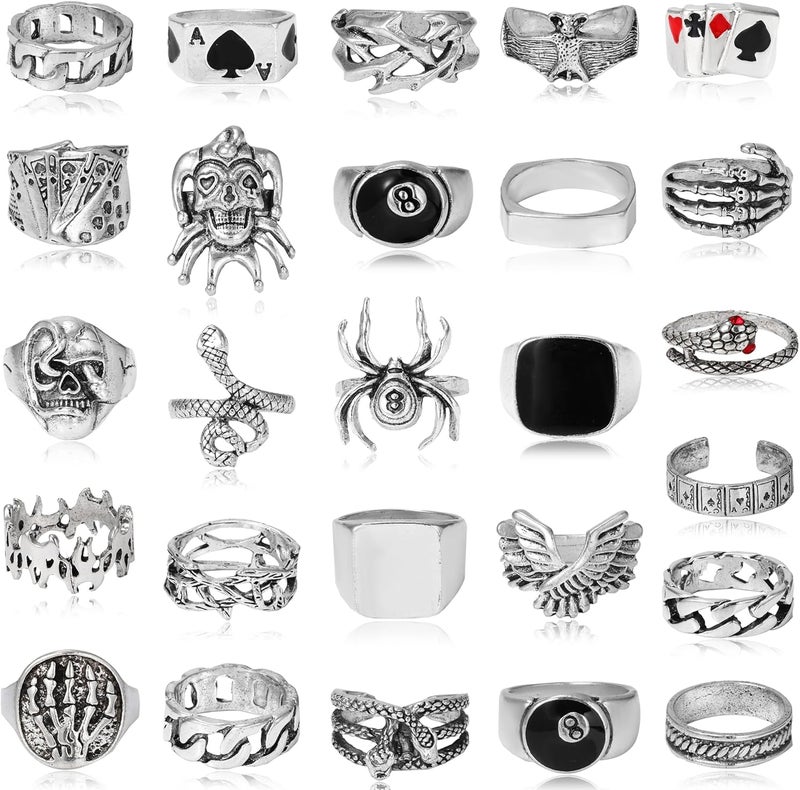 Acruccen 26 Pcs Vintage Silver Punk Rings Set for Men Cool Gothic Chunky Rings Statement Snake Wing Signet Ring Set - Image 1